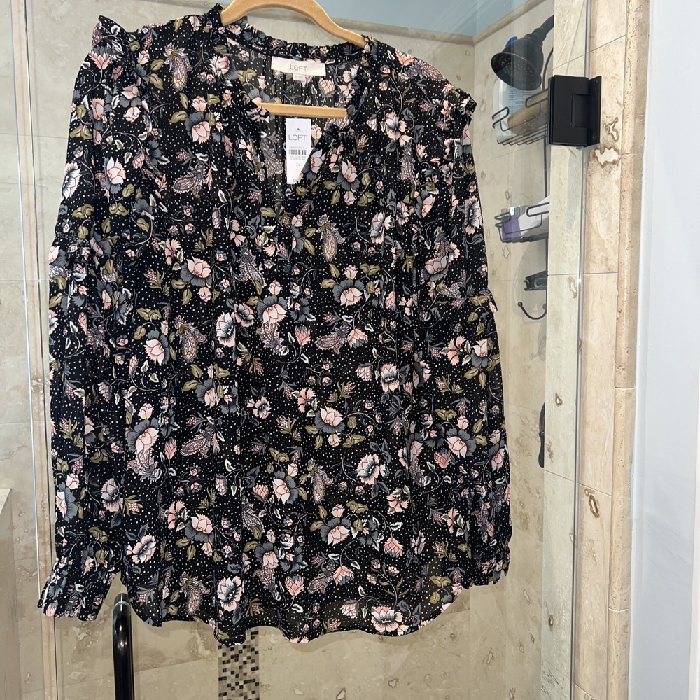 LOFT Floral Ruffle Blouse Black Pink Gray Long Sleeve Tunic Top XL NEW